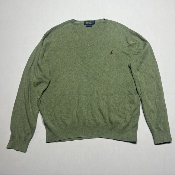 Polo Ralph Lauren Sweater Mens Large Green Lightweight Pima Cotton Knit V-Neck - Picture 1 of 7